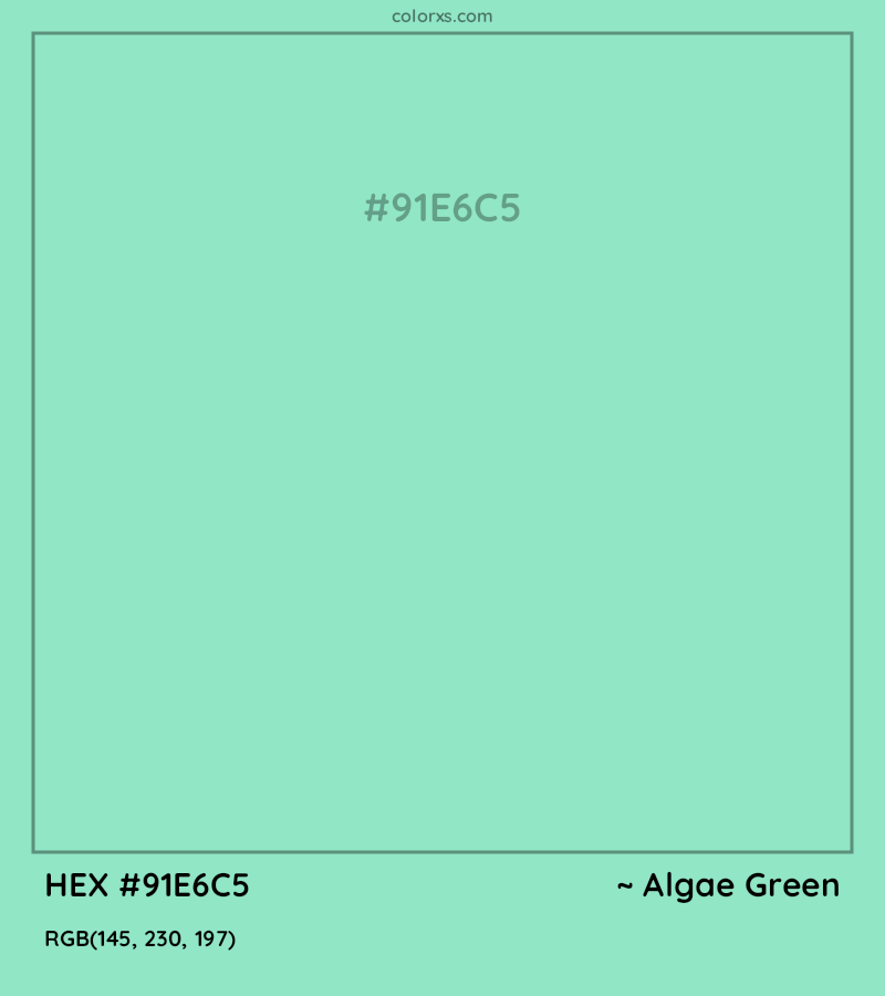 #91E6C5 hex color. RGB, RYB, CMYK, HSL, HSV codes and color conversions. Matching color names, palettes, paints.