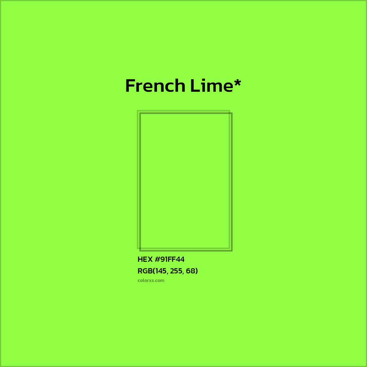 #91FF44 hex color. RGB, RYB, CMYK, HSL, HSV codes and color conversions. Matching color names, palettes, paints.