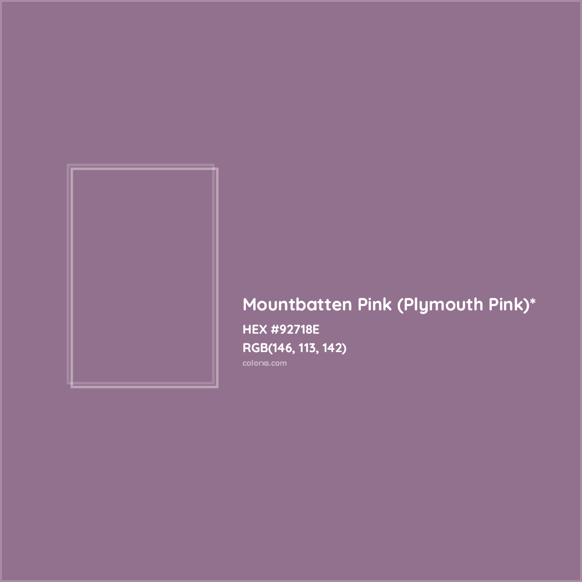 #92718E hex color. RGB, RYB, CMYK, HSL, HSV codes and color conversions. Matching color names, palettes, paints.