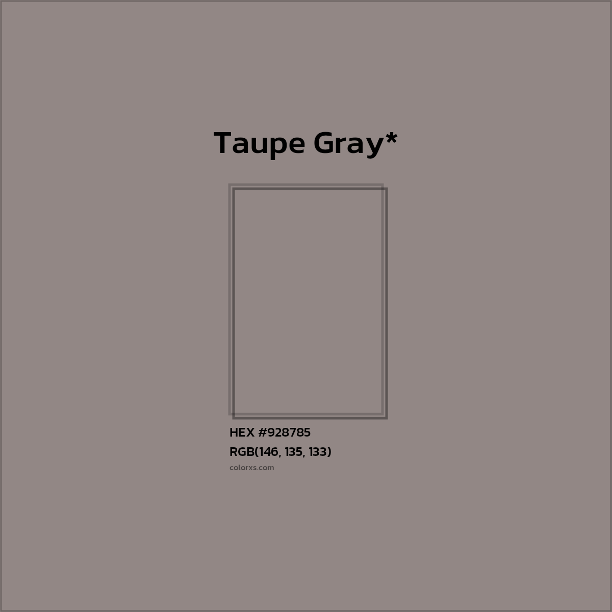 #928785 hex color. RGB, RYB, CMYK, HSL, HSV codes and color conversions. Matching color names, palettes, paints.