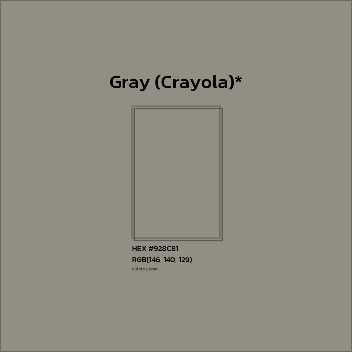 #928C81 hex color. RGB, RYB, CMYK, HSL, HSV codes and color conversions. Matching color names, palettes, paints.