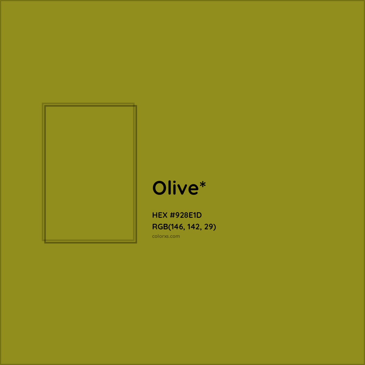 #928E1D hex color. RGB, RYB, CMYK, HSL, HSV codes and color conversions. Matching color names, palettes, paints.