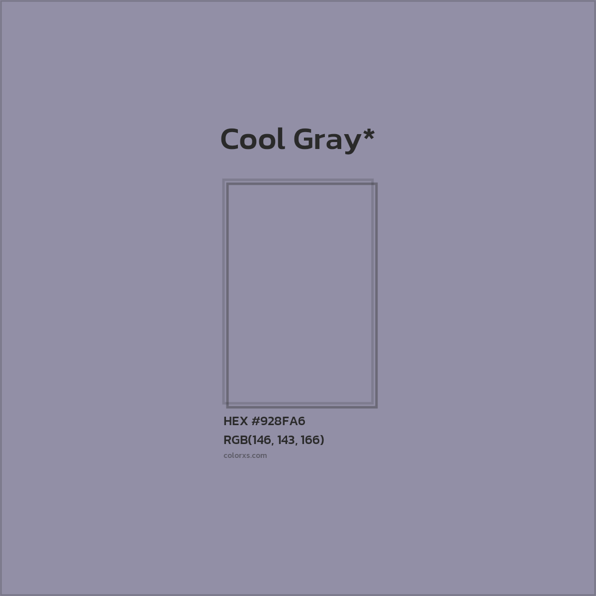 #928FA6 hex color. RGB, RYB, CMYK, HSL, HSV codes and color conversions. Matching color names, palettes, paints.