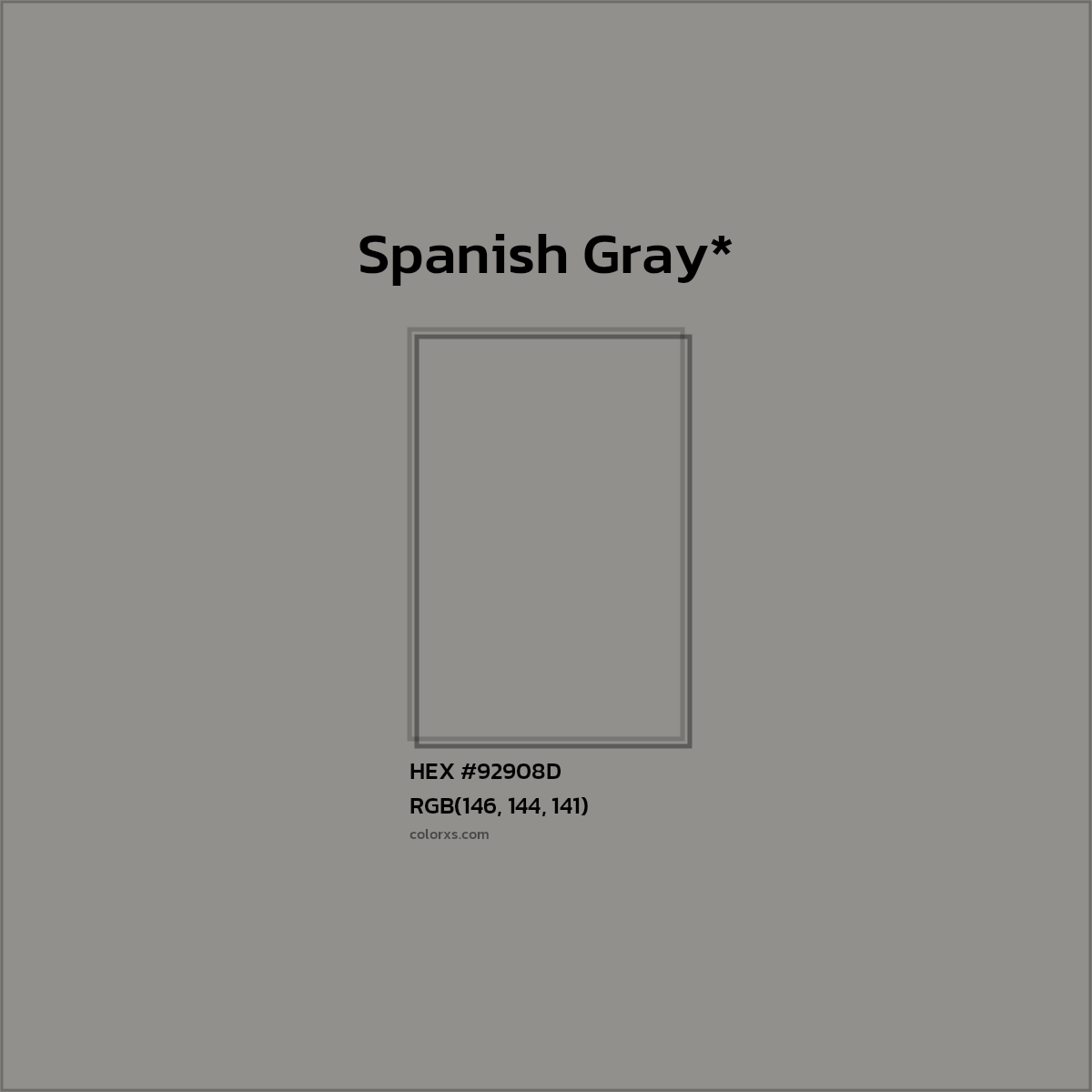 #92908D hex color. RGB, RYB, CMYK, HSL, HSV codes and color conversions. Matching color names, palettes, paints.