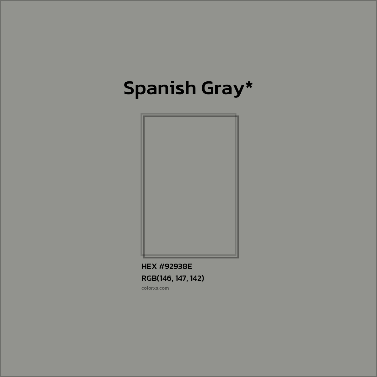 #92938E hex color. RGB, RYB, CMYK, HSL, HSV codes and color conversions. Matching color names, palettes, paints.