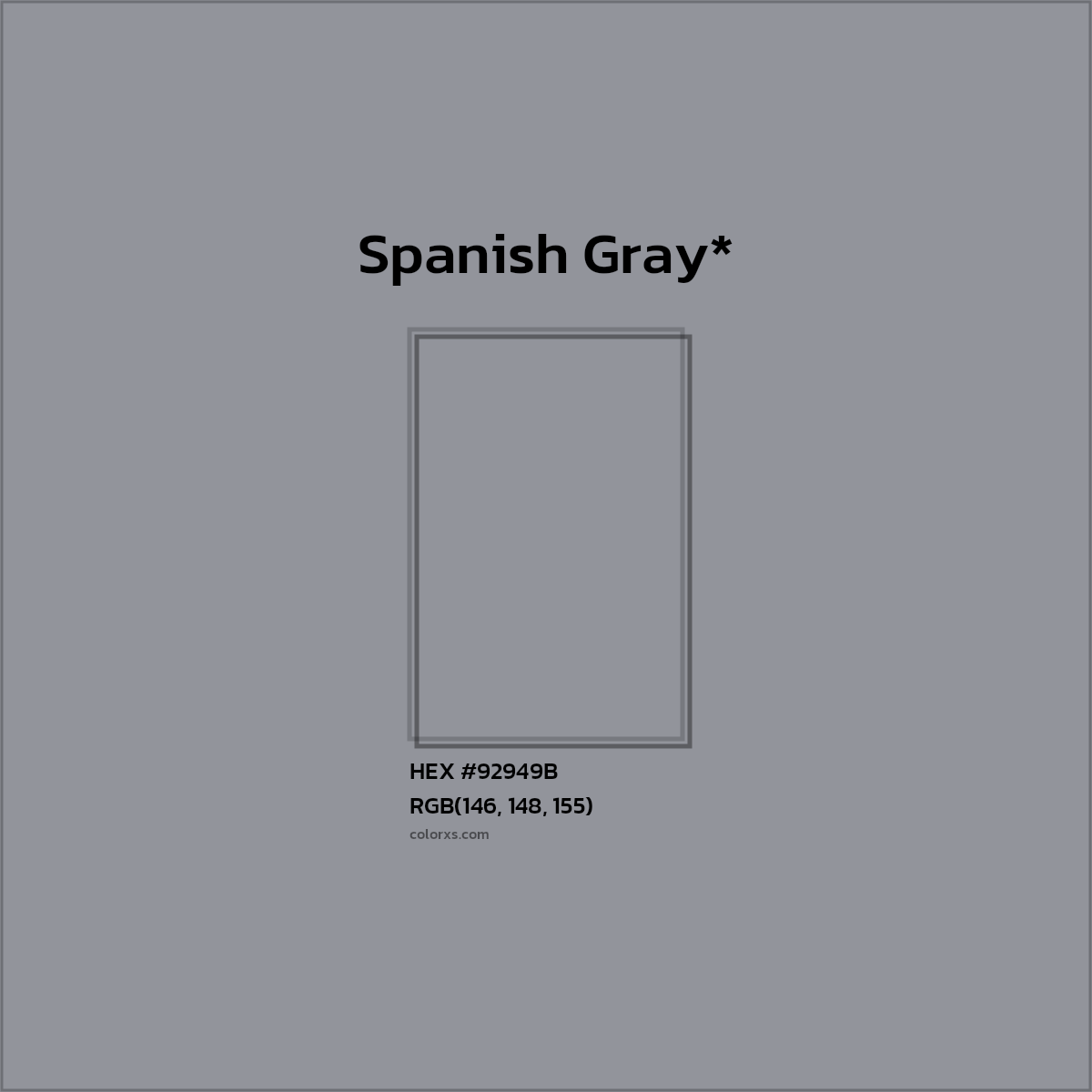 #92949B hex color. RGB, RYB, CMYK, HSL, HSV codes and color conversions. Matching color names, palettes, paints.