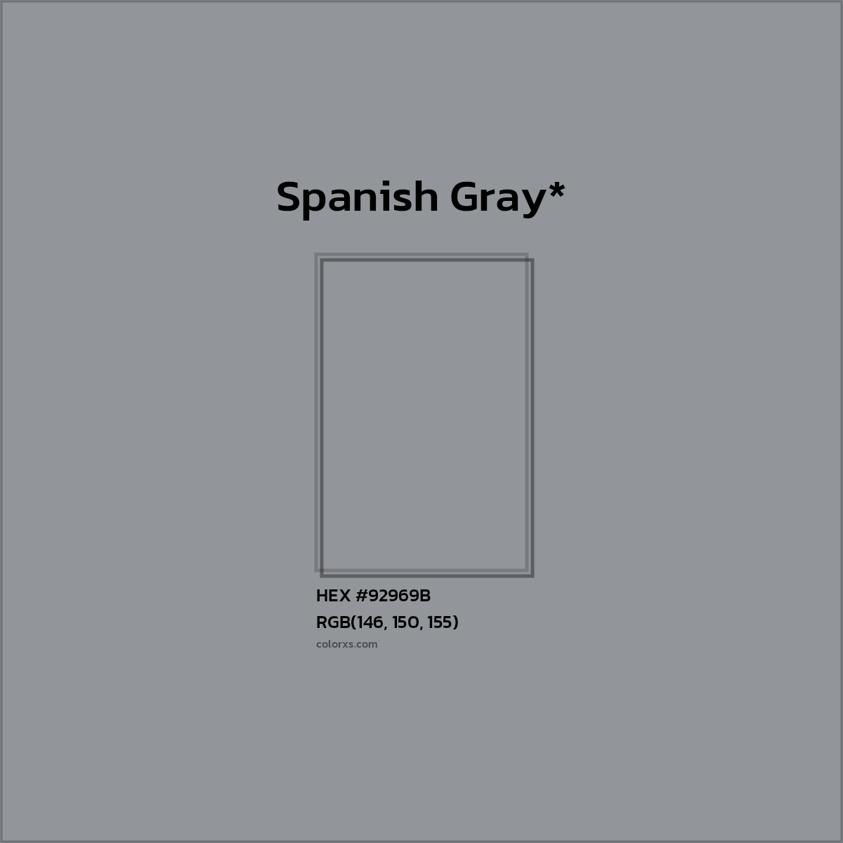 #92969B hex color. RGB, RYB, CMYK, HSL, HSV codes and color conversions. Matching color names, palettes, paints.