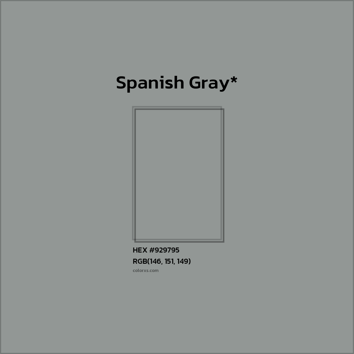#929795 hex color. RGB, RYB, CMYK, HSL, HSV codes and color conversions. Matching color names, palettes, paints.