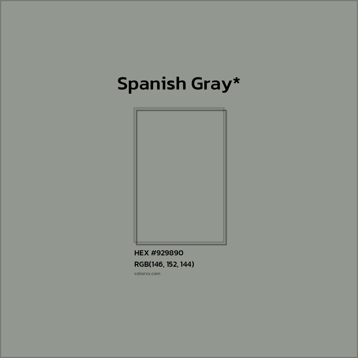 #929890 hex color. RGB, RYB, CMYK, HSL, HSV codes and color conversions. Matching color names, palettes, paints.