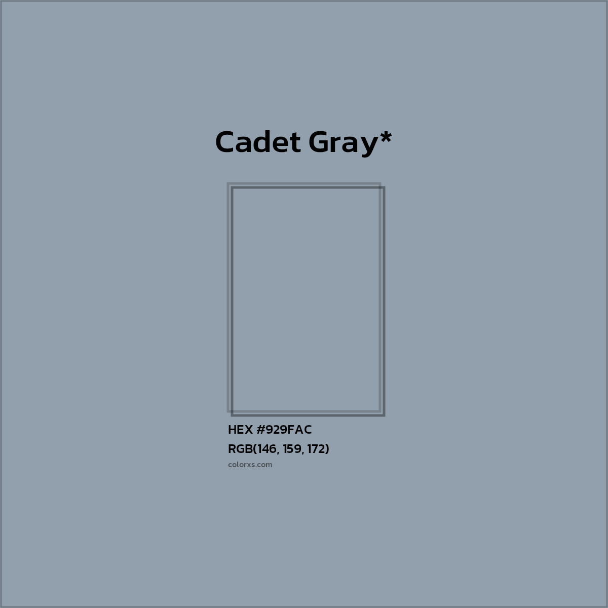#929FAC hex color. RGB, RYB, CMYK, HSL, HSV codes and color conversions. Matching color names, palettes, paints.