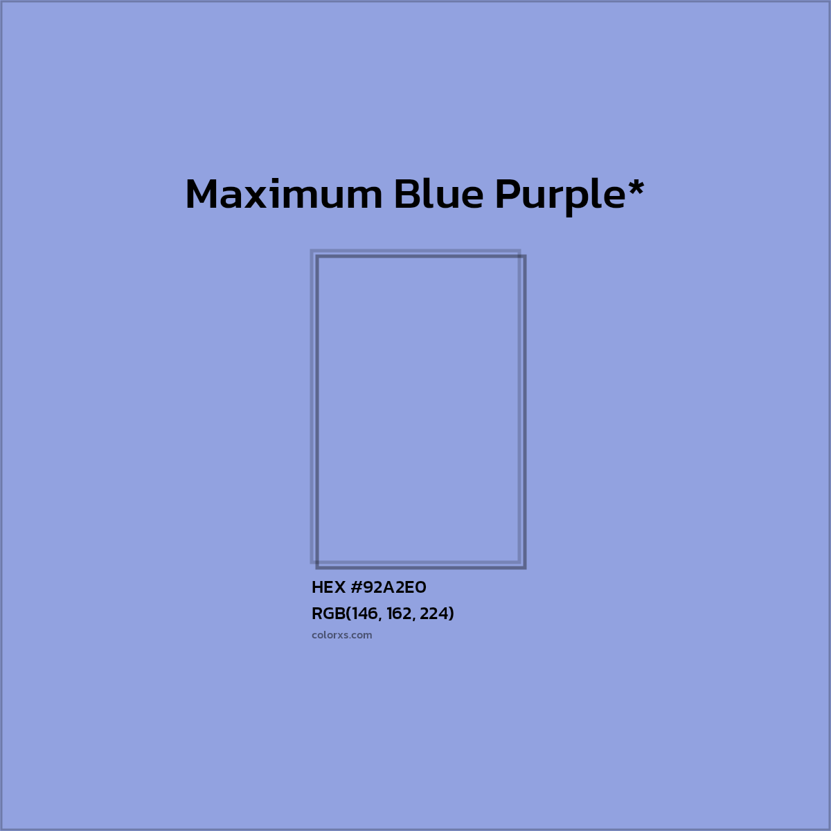 #92A2E0 hex color. RGB, RYB, CMYK, HSL, HSV codes and color conversions. Matching color names, palettes, paints.