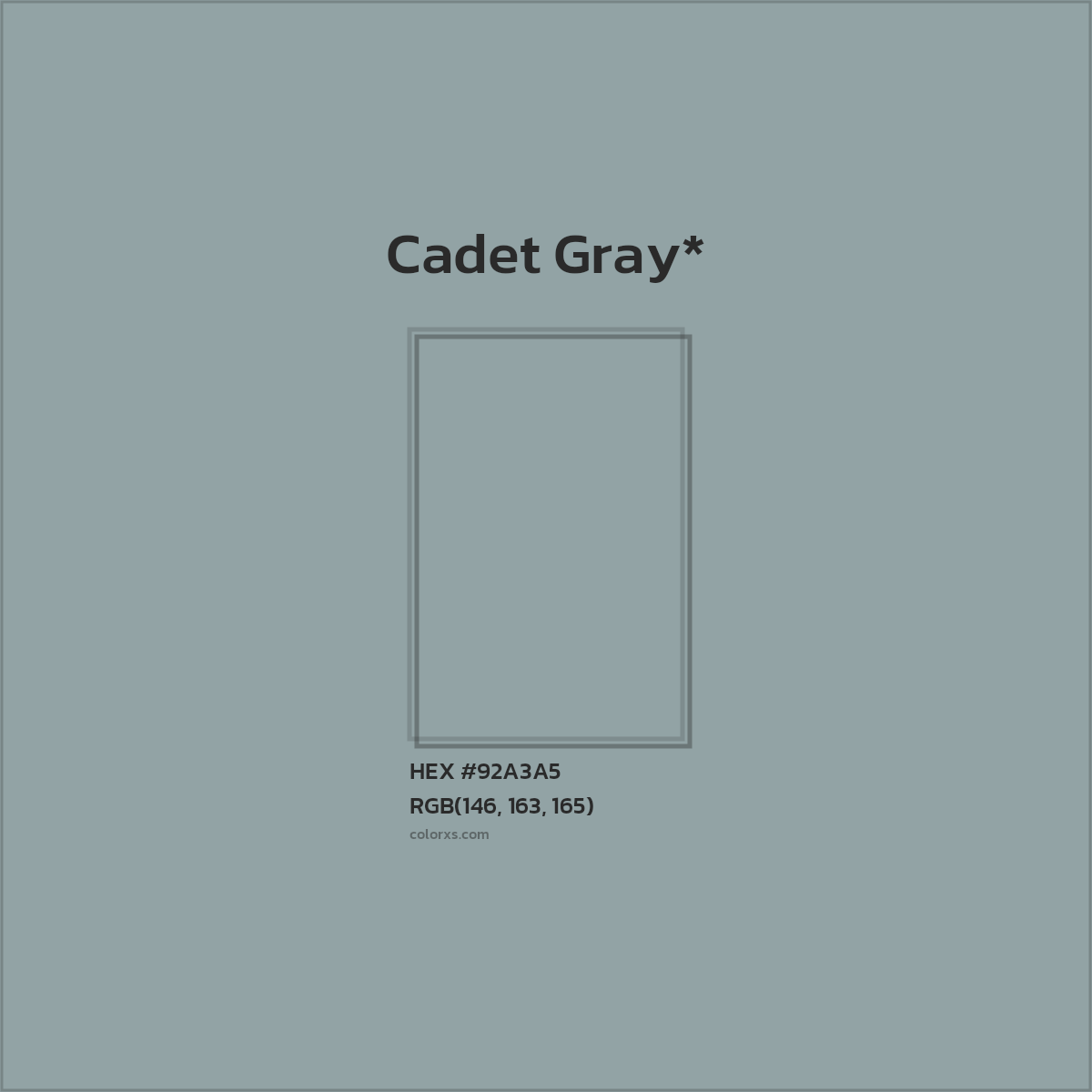 #92A3A5 hex color. RGB, RYB, CMYK, HSL, HSV codes and color conversions. Matching color names, palettes, paints.