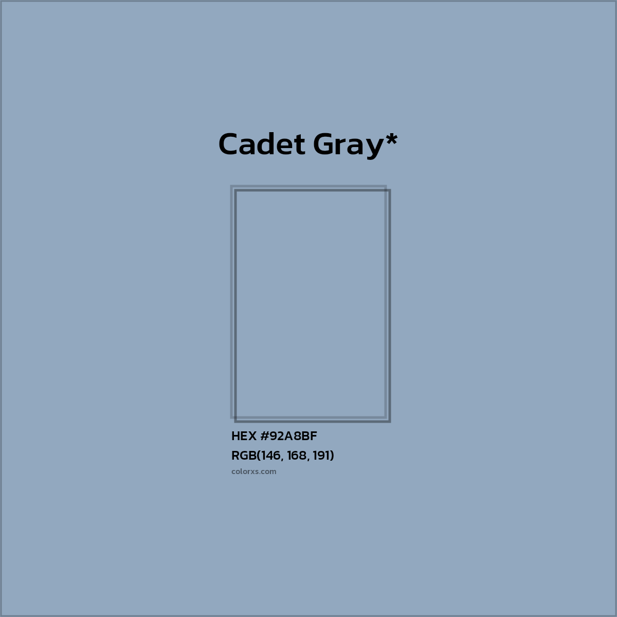 #92A8BF hex color. RGB, RYB, CMYK, HSL, HSV codes and color conversions. Matching color names, palettes, paints.