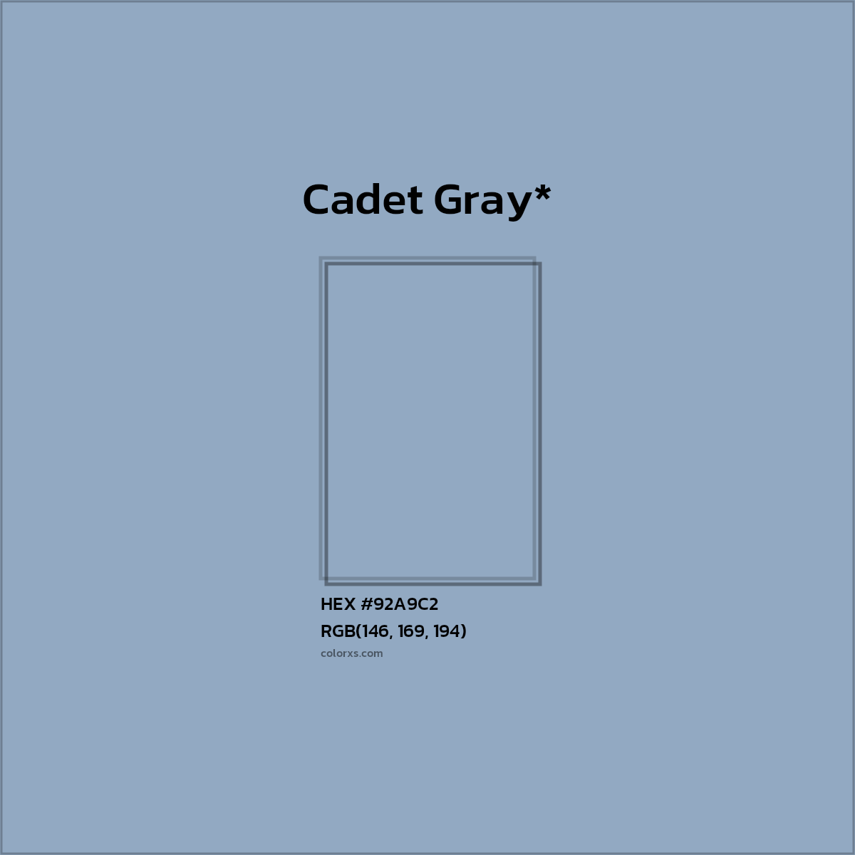 #92A9C2 hex color. RGB, RYB, CMYK, HSL, HSV codes and color conversions. Matching color names, palettes, paints.