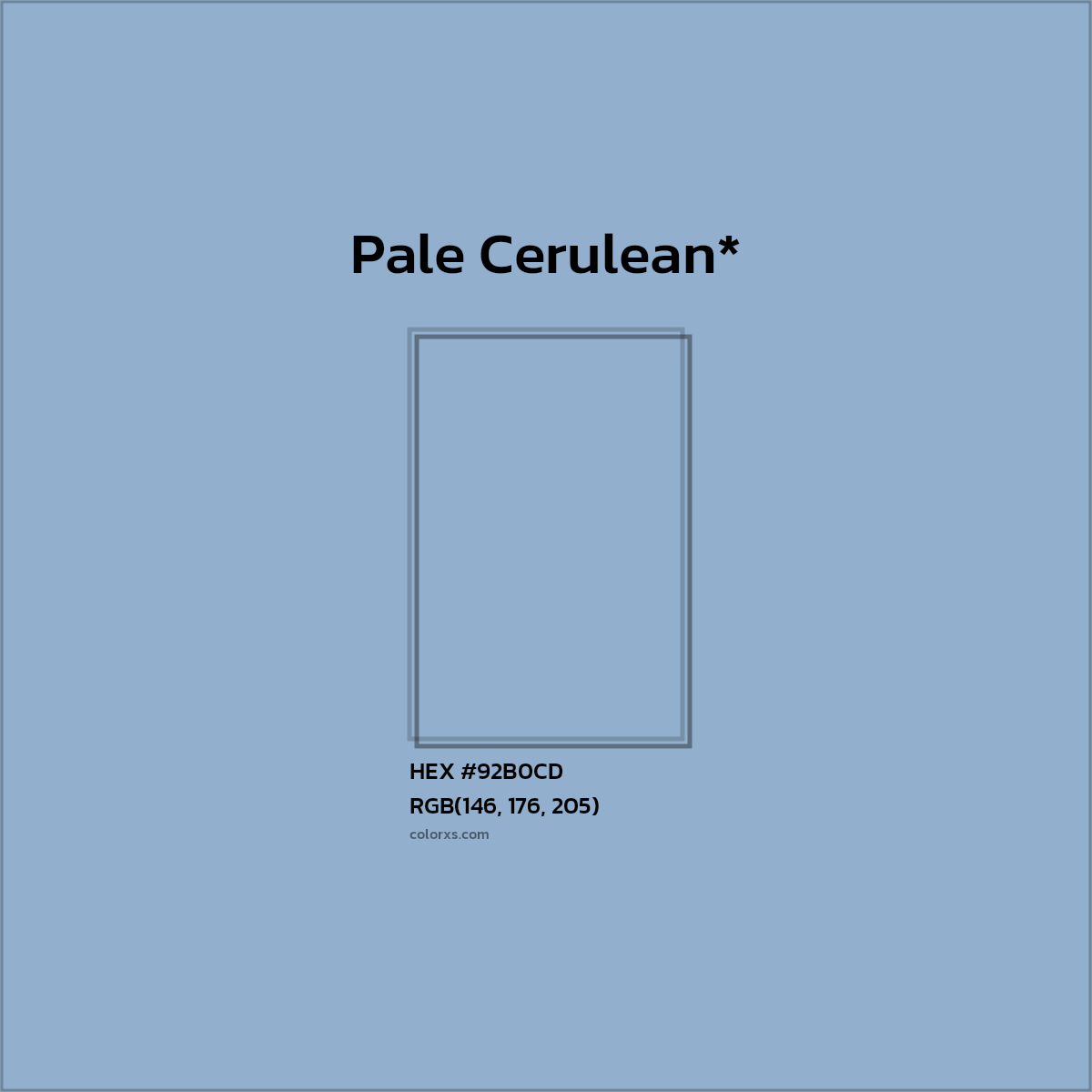 #92B0CD hex color. RGB, RYB, CMYK, HSL, HSV codes and color conversions. Matching color names, palettes, paints.