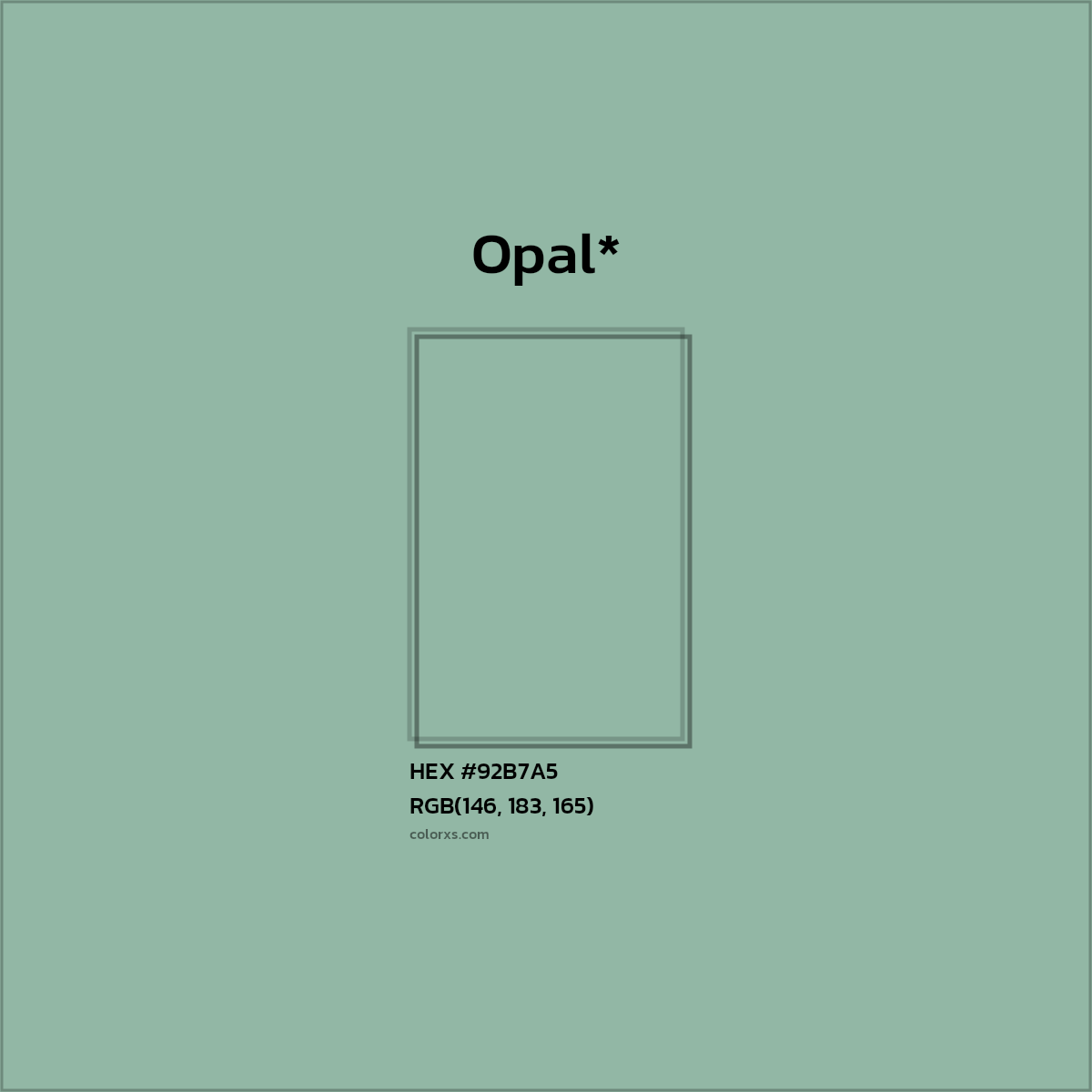 #92B7A5 hex color. RGB, RYB, CMYK, HSL, HSV codes and color conversions. Matching color names, palettes, paints.