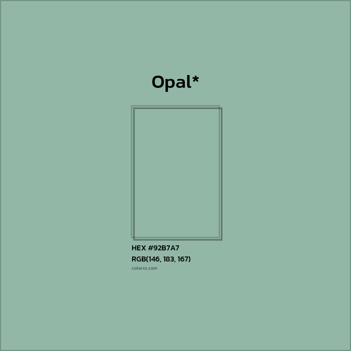 #92B7A7 hex color. RGB, RYB, CMYK, HSL, HSV codes and color conversions. Matching color names, palettes, paints.