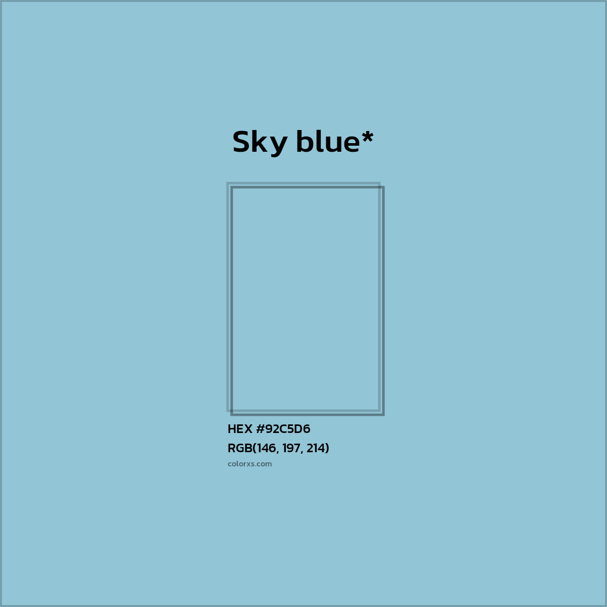#92C5D6 hex color. RGB, RYB, CMYK, HSL, HSV codes and color conversions. Matching color names, palettes, paints.