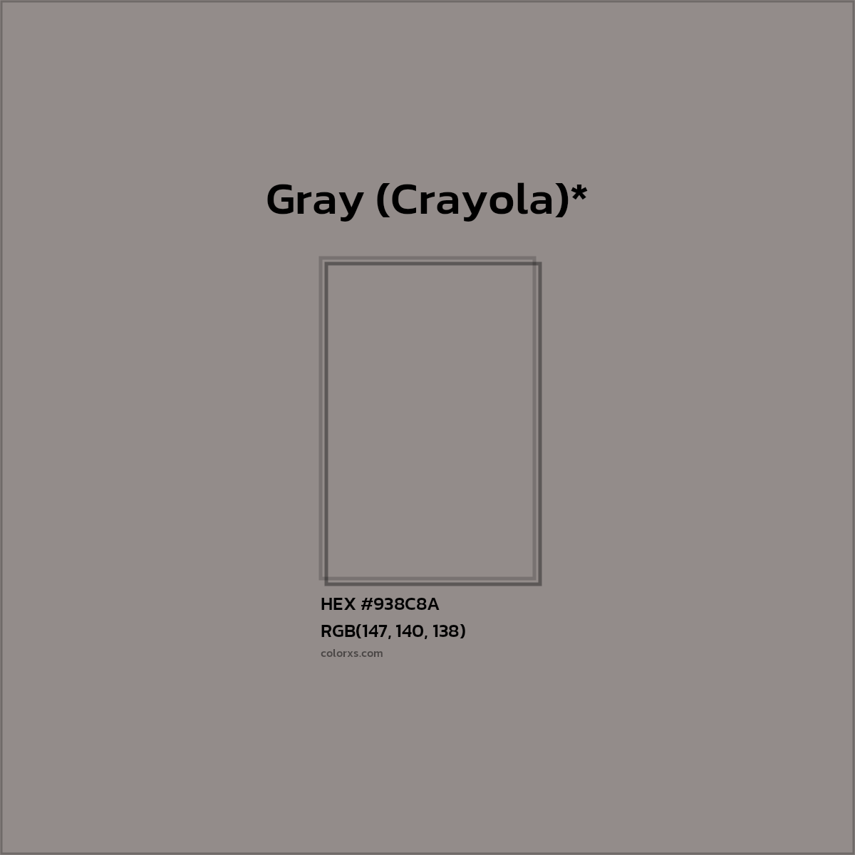 #938C8A hex color. RGB, RYB, CMYK, HSL, HSV codes and color conversions. Matching color names, palettes, paints.