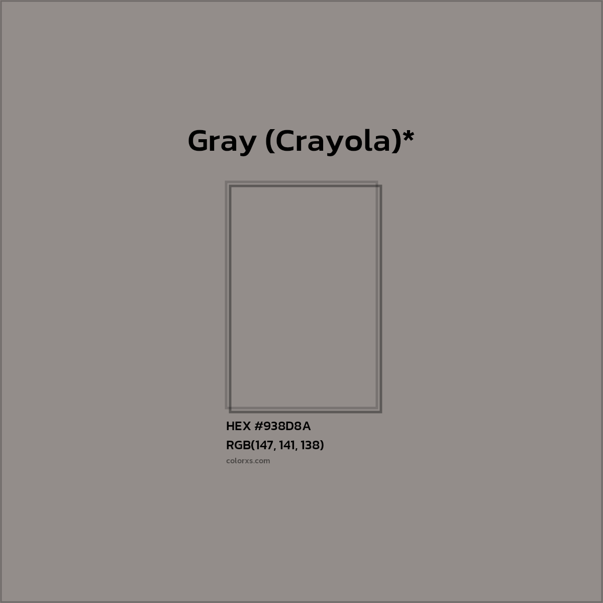 #938D8A hex color. RGB, RYB, CMYK, HSL, HSV codes and color conversions. Matching color names, palettes, paints.