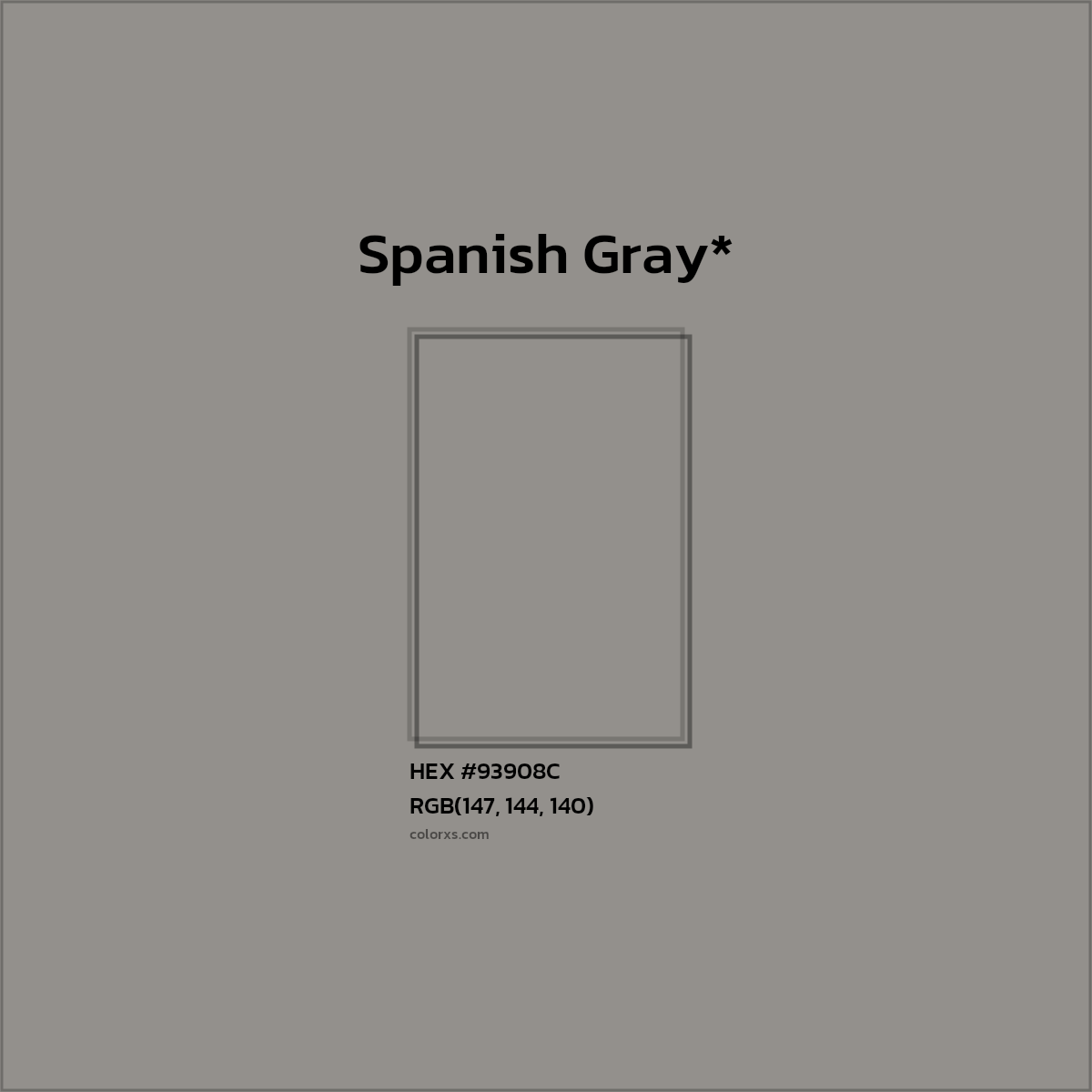 #93908C hex color. RGB, RYB, CMYK, HSL, HSV codes and color conversions. Matching color names, palettes, paints.