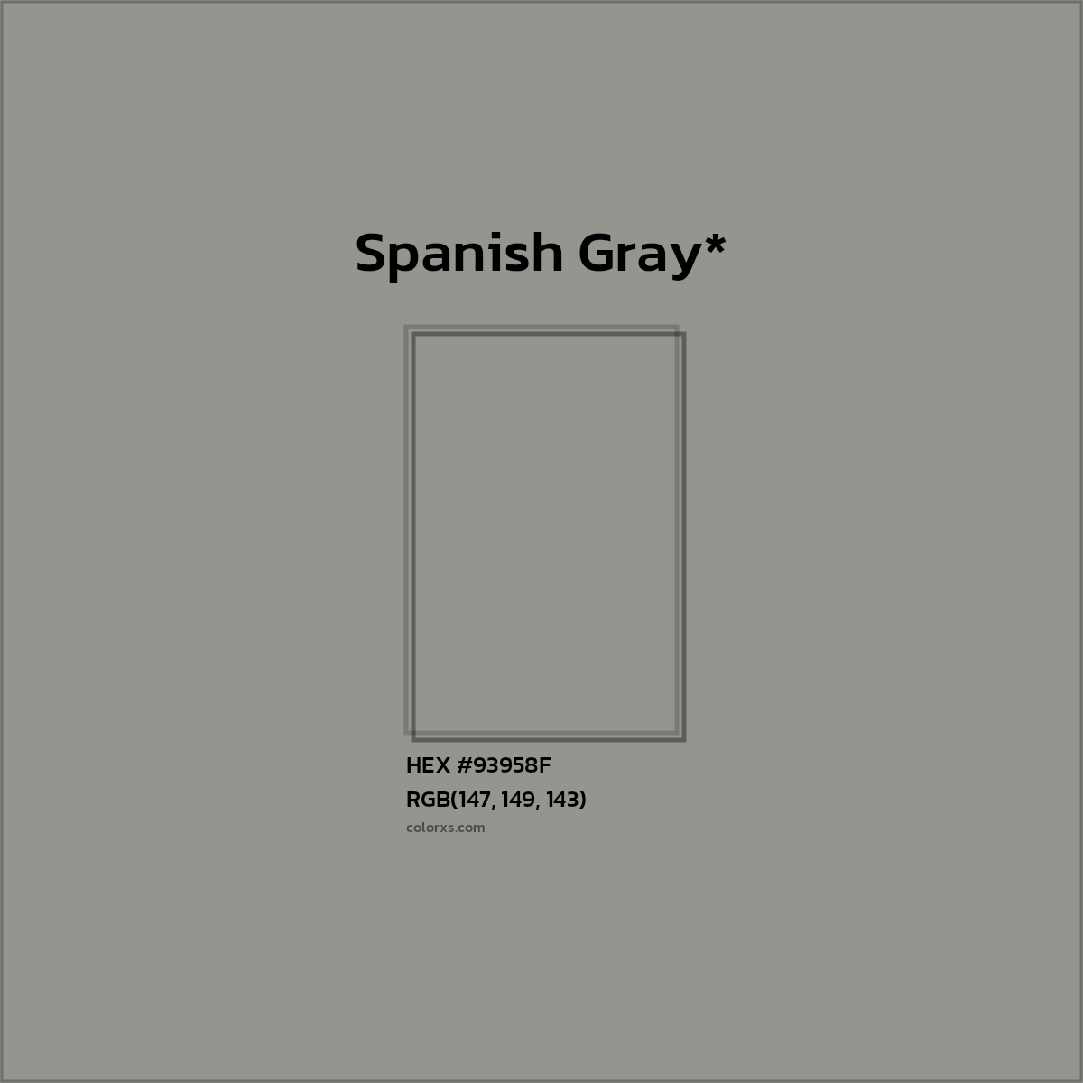 #93958F hex color. RGB, RYB, CMYK, HSL, HSV codes and color conversions. Matching color names, palettes, paints.
