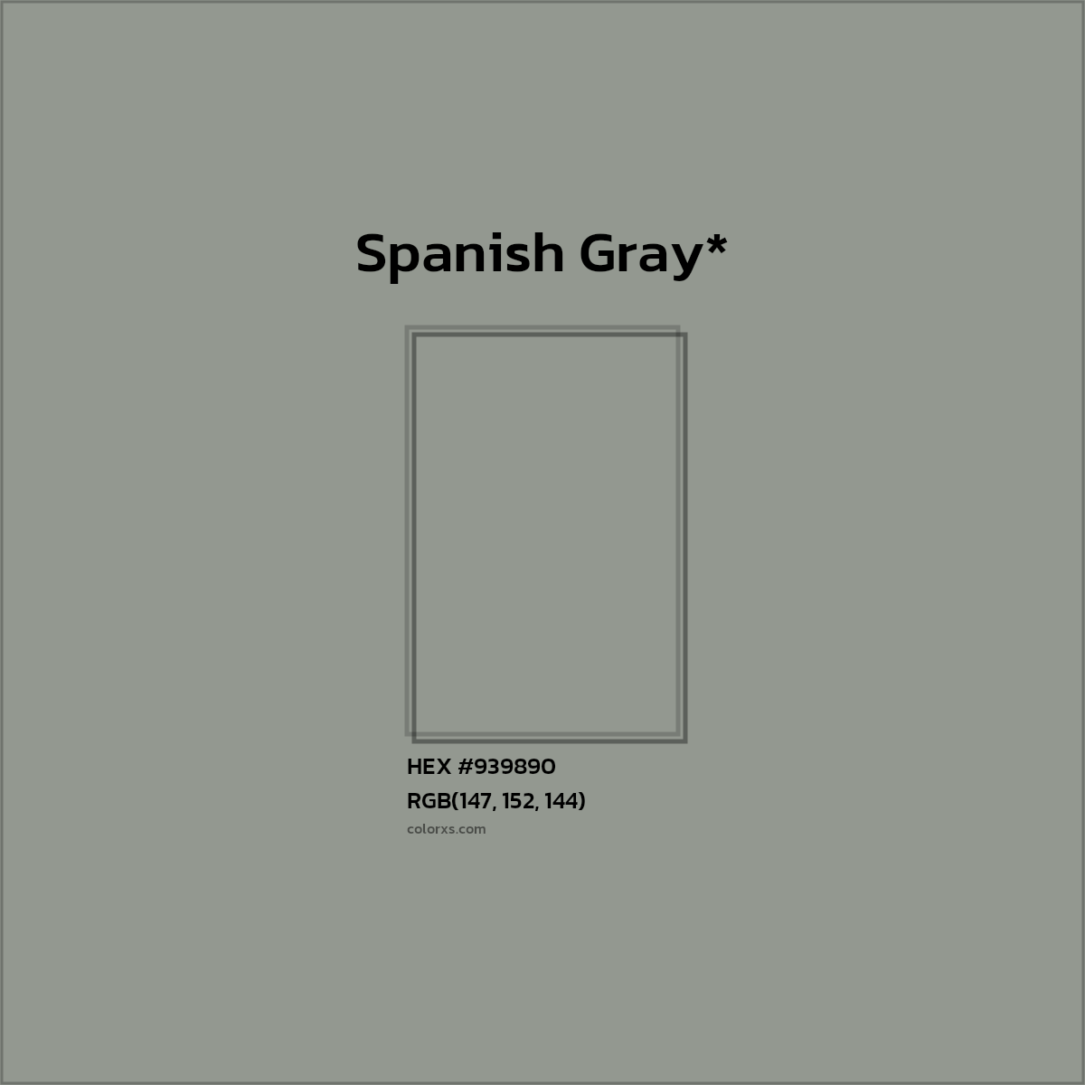 #939890 hex color. RGB, RYB, CMYK, HSL, HSV codes and color conversions. Matching color names, palettes, paints.