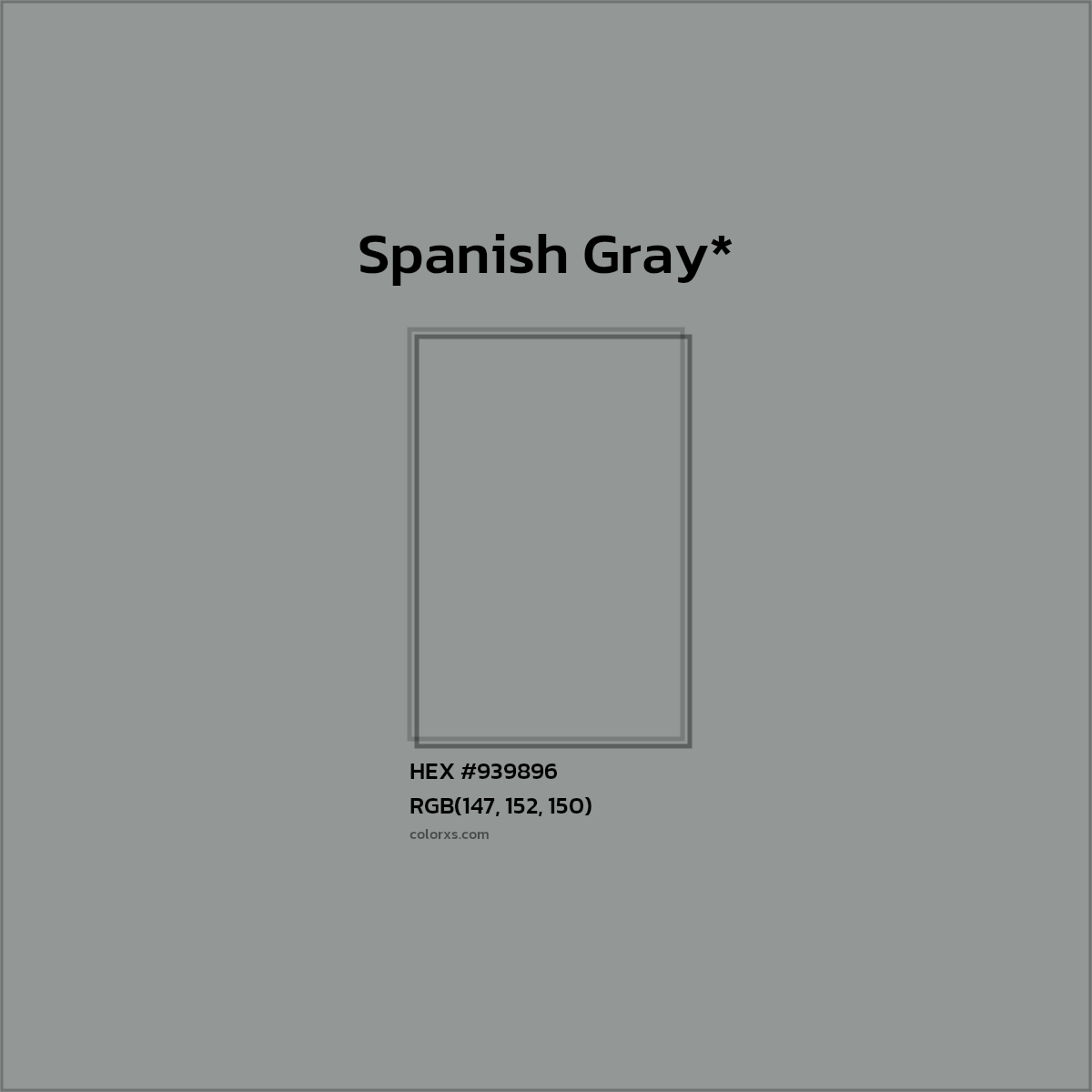 #939896 hex color. RGB, RYB, CMYK, HSL, HSV codes and color conversions. Matching color names, palettes, paints.
