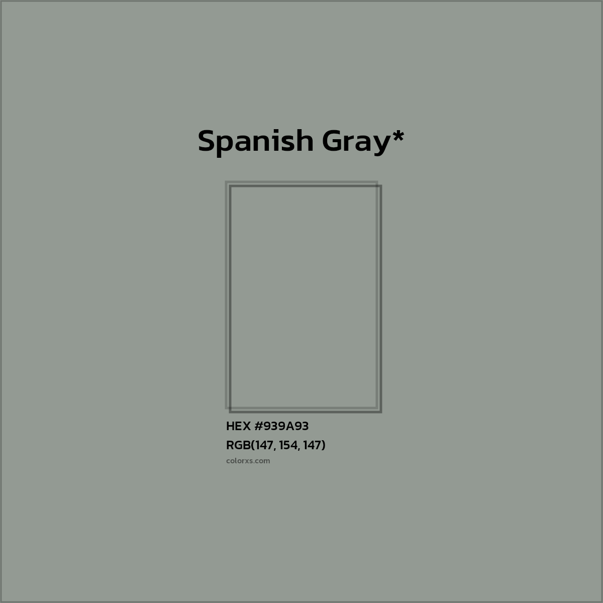 #939A93 hex color. RGB, RYB, CMYK, HSL, HSV codes and color conversions. Matching color names, palettes, paints.