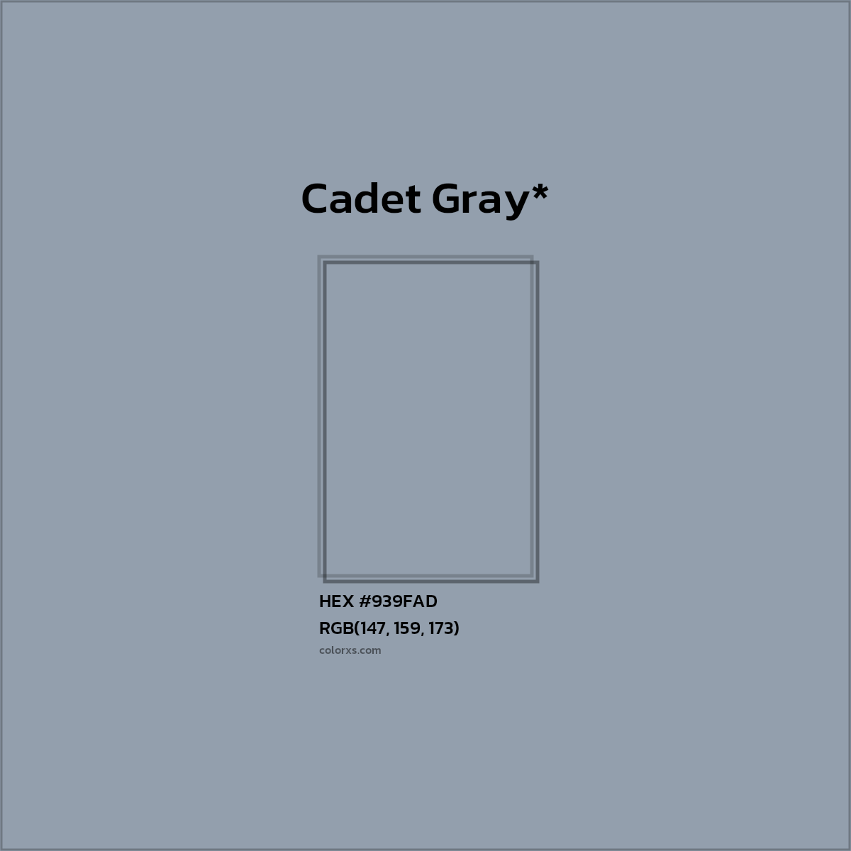#939FAD hex color. RGB, RYB, CMYK, HSL, HSV codes and color conversions. Matching color names, palettes, paints.