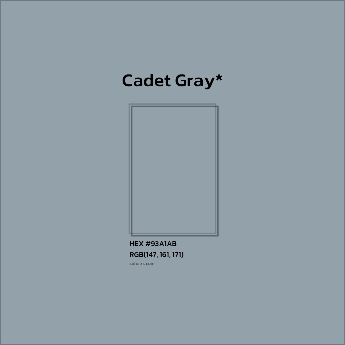 #93A1AB hex color. RGB, RYB, CMYK, HSL, HSV codes and color conversions. Matching color names, palettes, paints.