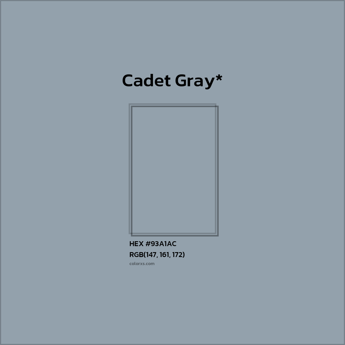 #93A1AC hex color. RGB, RYB, CMYK, HSL, HSV codes and color conversions. Matching color names, palettes, paints.