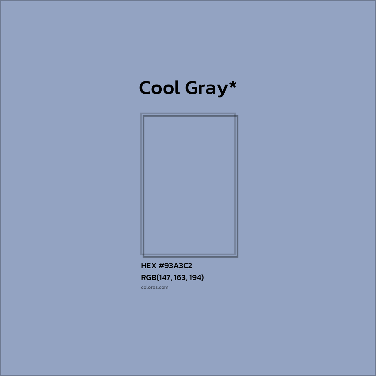 #93A3C2 hex color. RGB, RYB, CMYK, HSL, HSV codes and color conversions. Matching color names, palettes, paints.