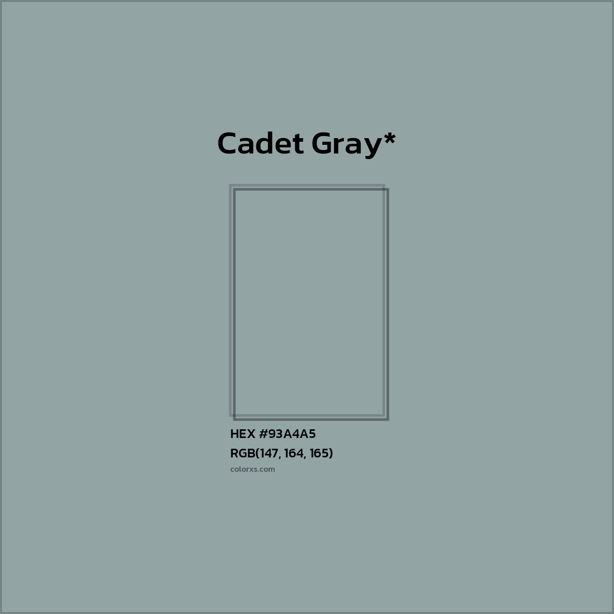 #93A4A5 hex color. RGB, RYB, CMYK, HSL, HSV codes and color conversions. Matching color names, palettes, paints.