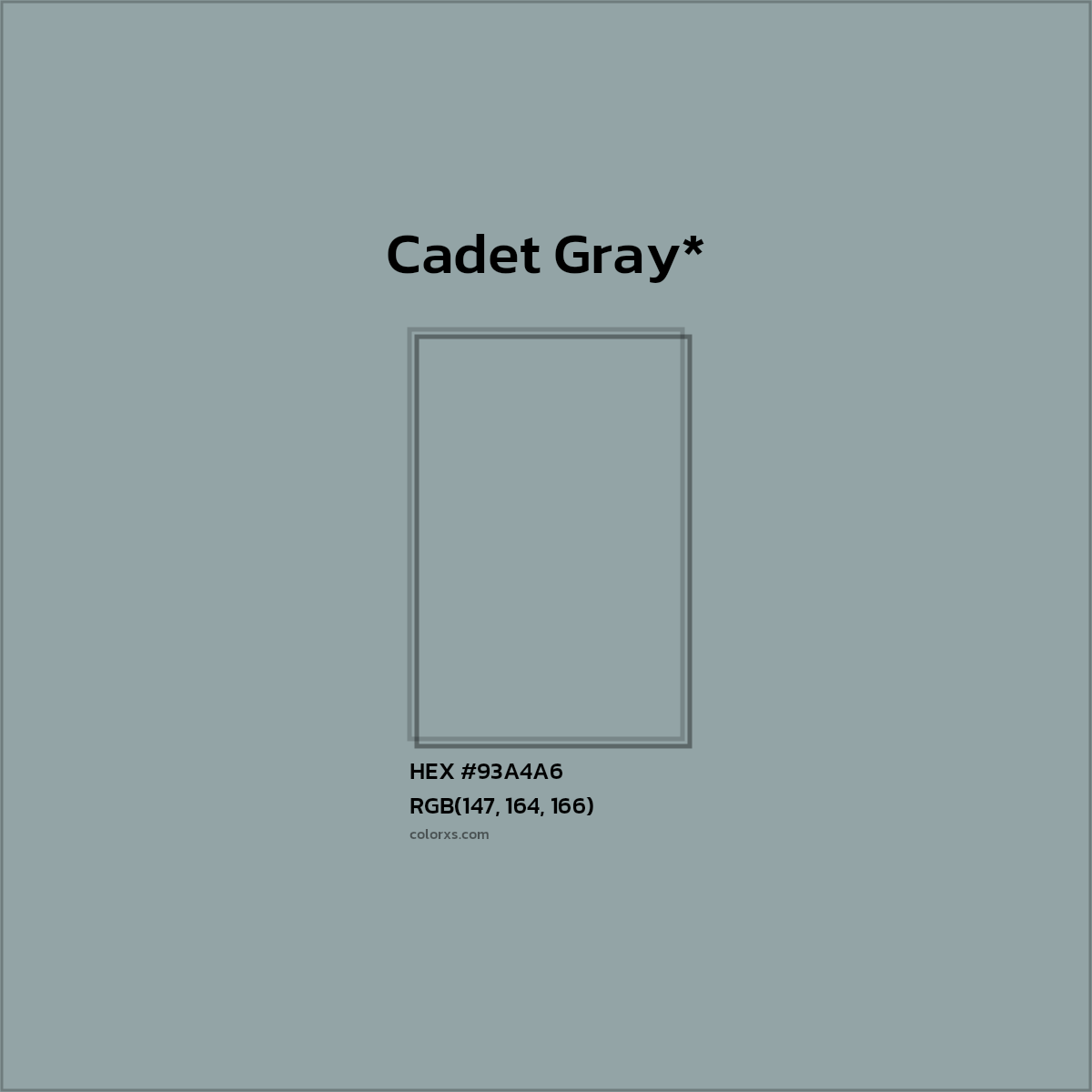 #93A4A6 hex color. RGB, RYB, CMYK, HSL, HSV codes and color conversions. Matching color names, palettes, paints.