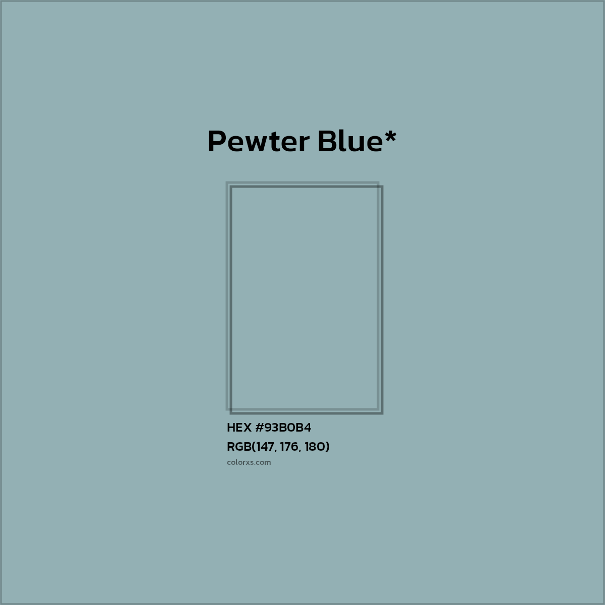 #93B0B4 hex color. RGB, RYB, CMYK, HSL, HSV codes and color conversions. Matching color names, palettes, paints.