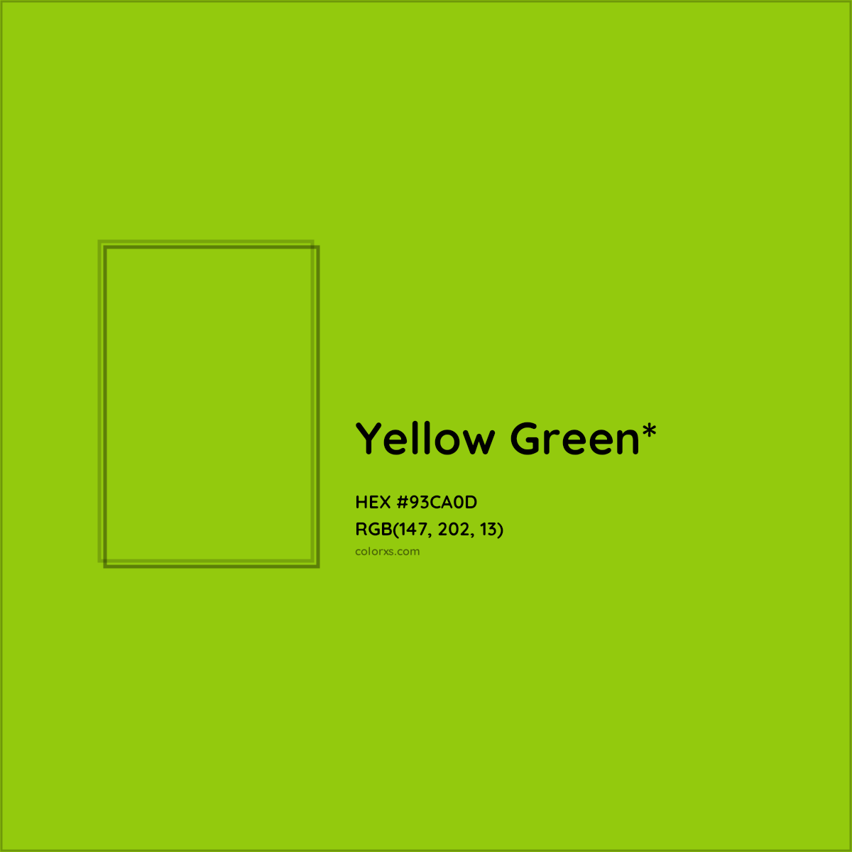 #93CA0D hex color. RGB, RYB, CMYK, HSL, HSV codes and color conversions. Matching color names, palettes, paints.