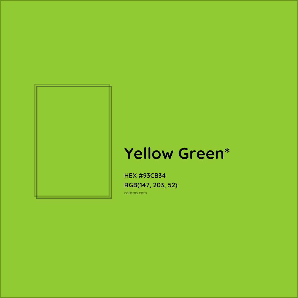 #93CB34 hex color. RGB, RYB, CMYK, HSL, HSV codes and color conversions. Matching color names, palettes, paints.
