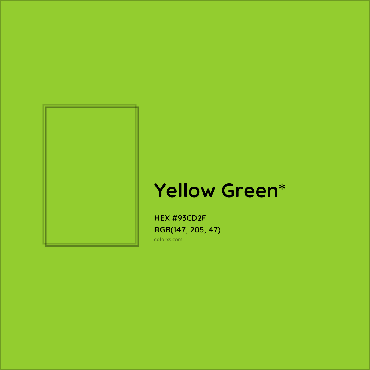 #93CD2F hex color. RGB, RYB, CMYK, HSL, HSV codes and color conversions. Matching color names, palettes, paints.