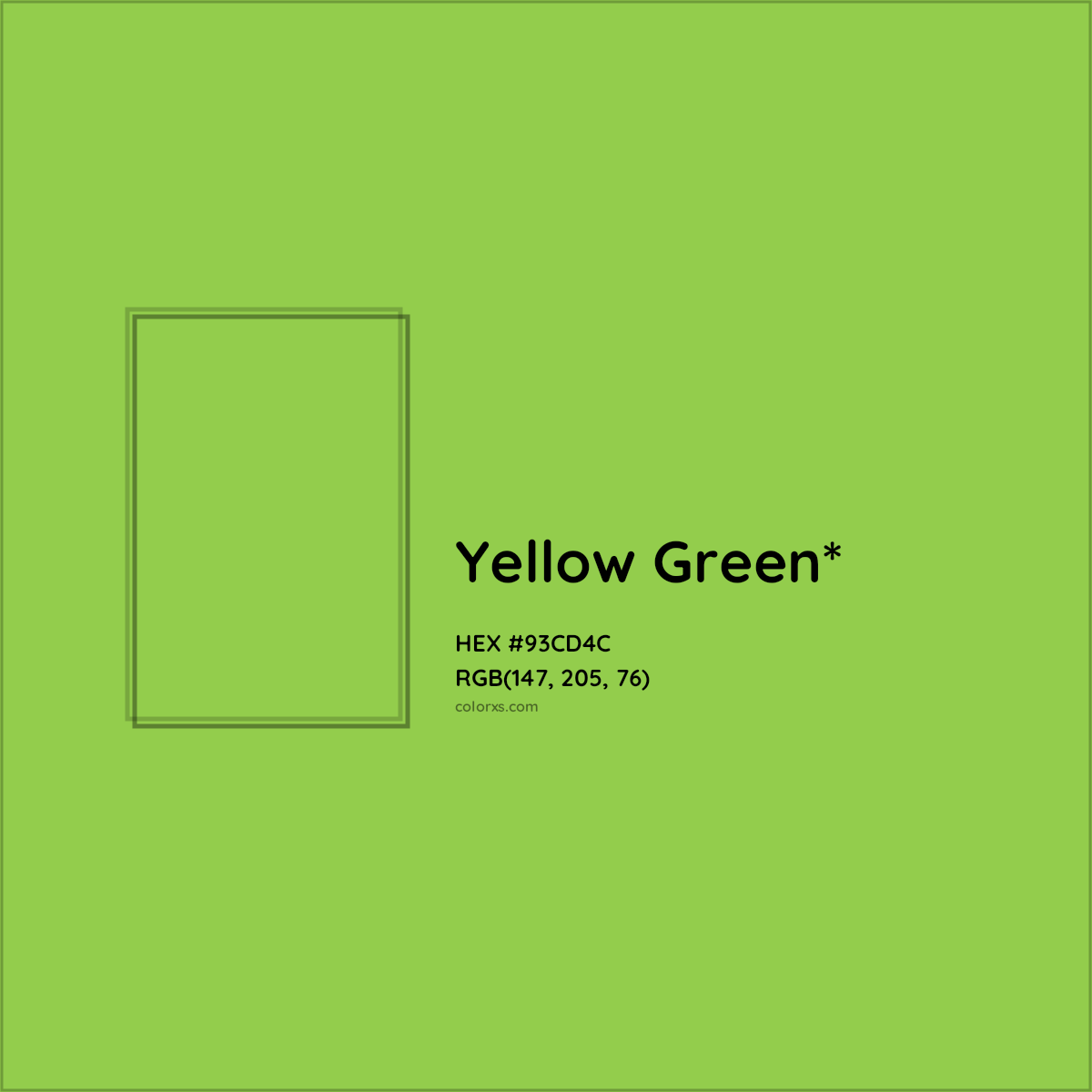#93CD4C hex color. RGB, RYB, CMYK, HSL, HSV codes and color conversions. Matching color names, palettes, paints.