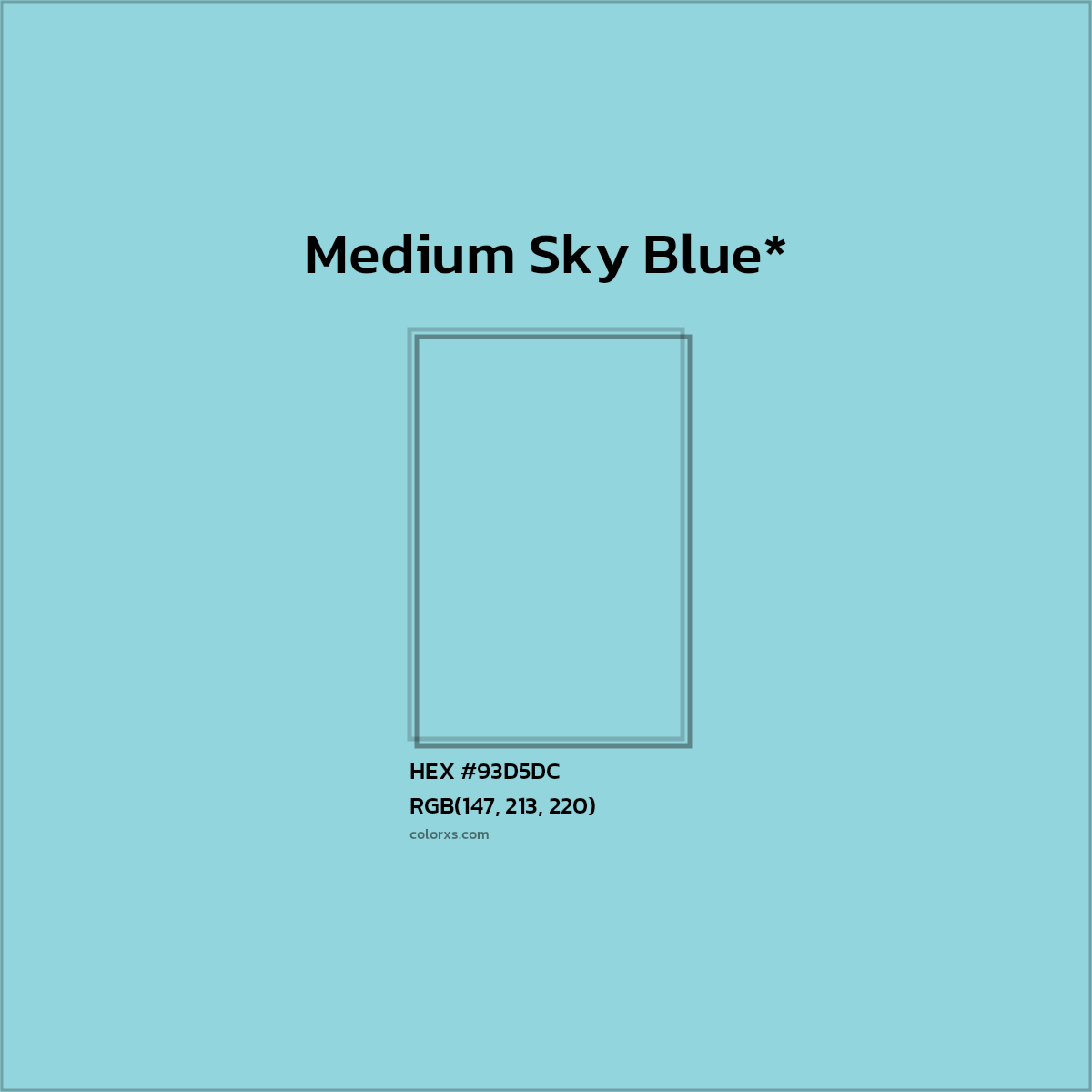 #93D5DC hex color. RGB, RYB, CMYK, HSL, HSV codes and color conversions. Matching color names, palettes, paints.
