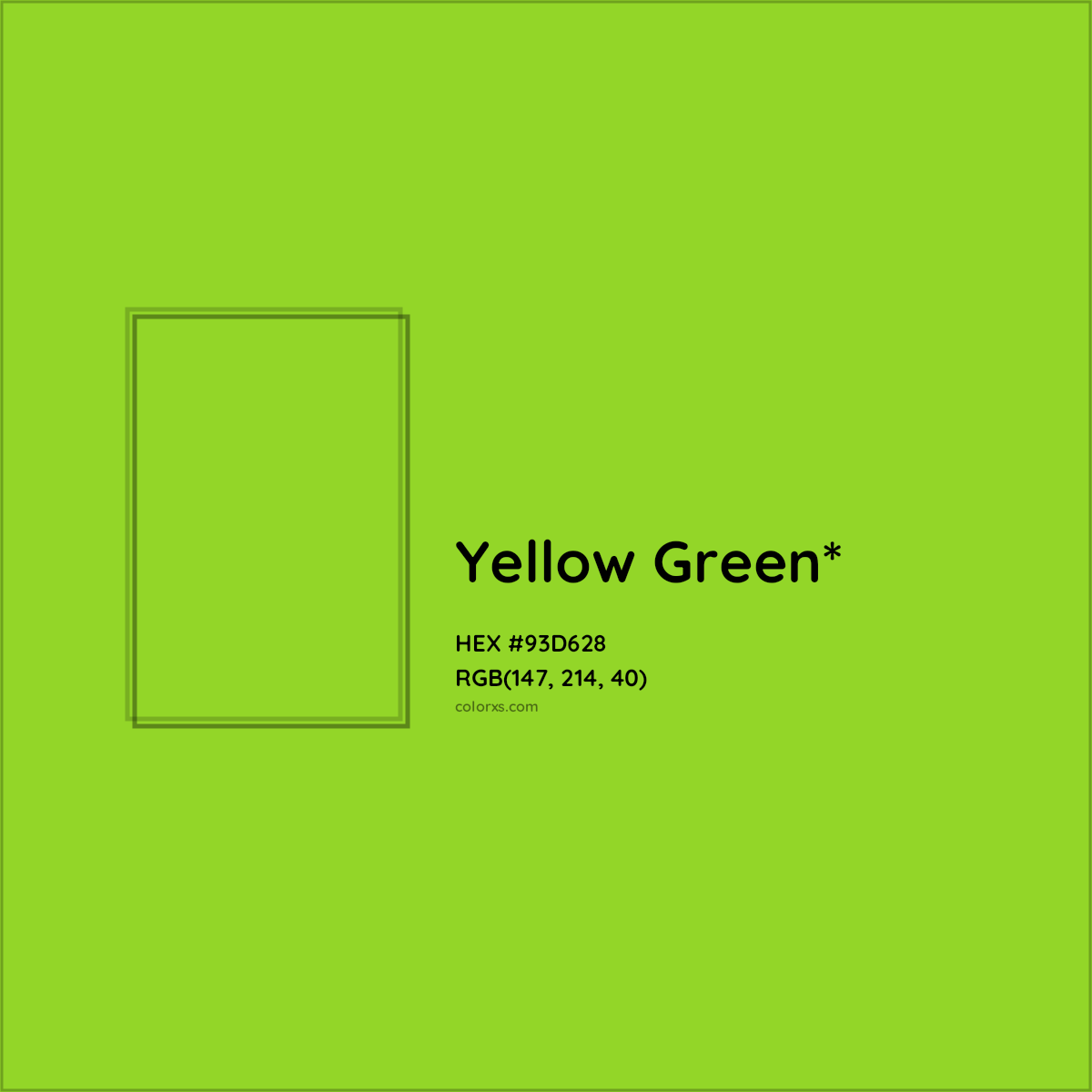 #93D628 hex color. RGB, RYB, CMYK, HSL, HSV codes and color conversions. Matching color names, palettes, paints.