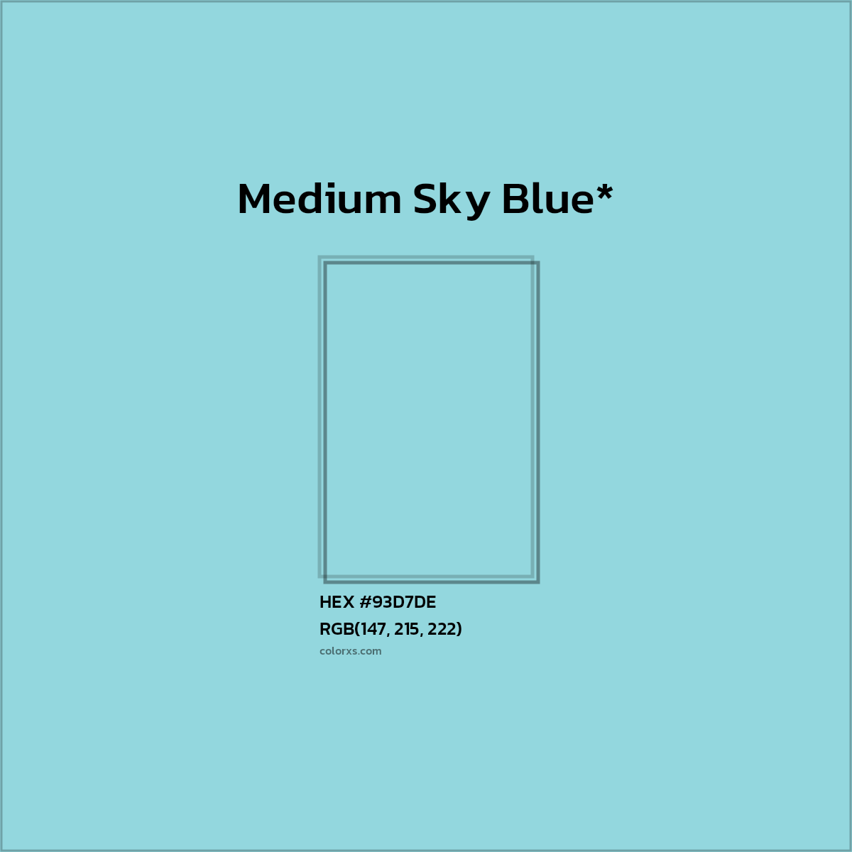 #93D7DE hex color. RGB, RYB, CMYK, HSL, HSV codes and color conversions. Matching color names, palettes, paints.
