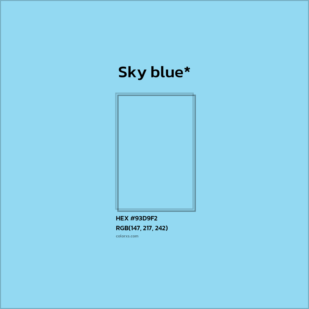 #93D9F2 hex color. RGB, RYB, CMYK, HSL, HSV codes and color conversions. Matching color names, palettes, paints.