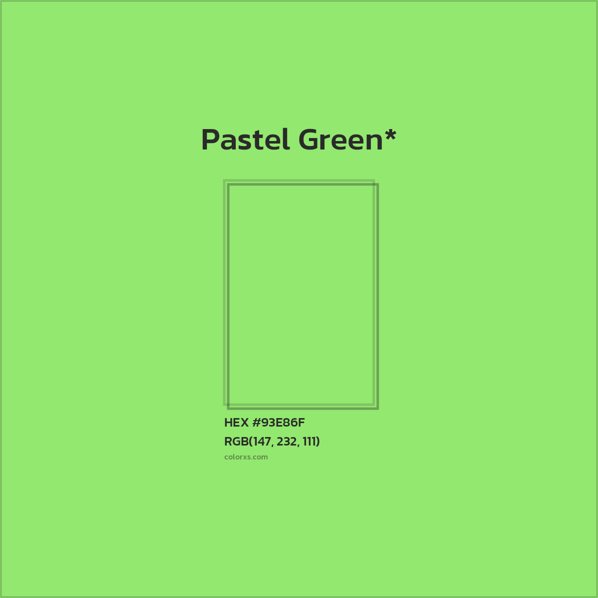 #93E86F hex color. RGB, RYB, CMYK, HSL, HSV codes and color conversions. Matching color names, palettes, paints.