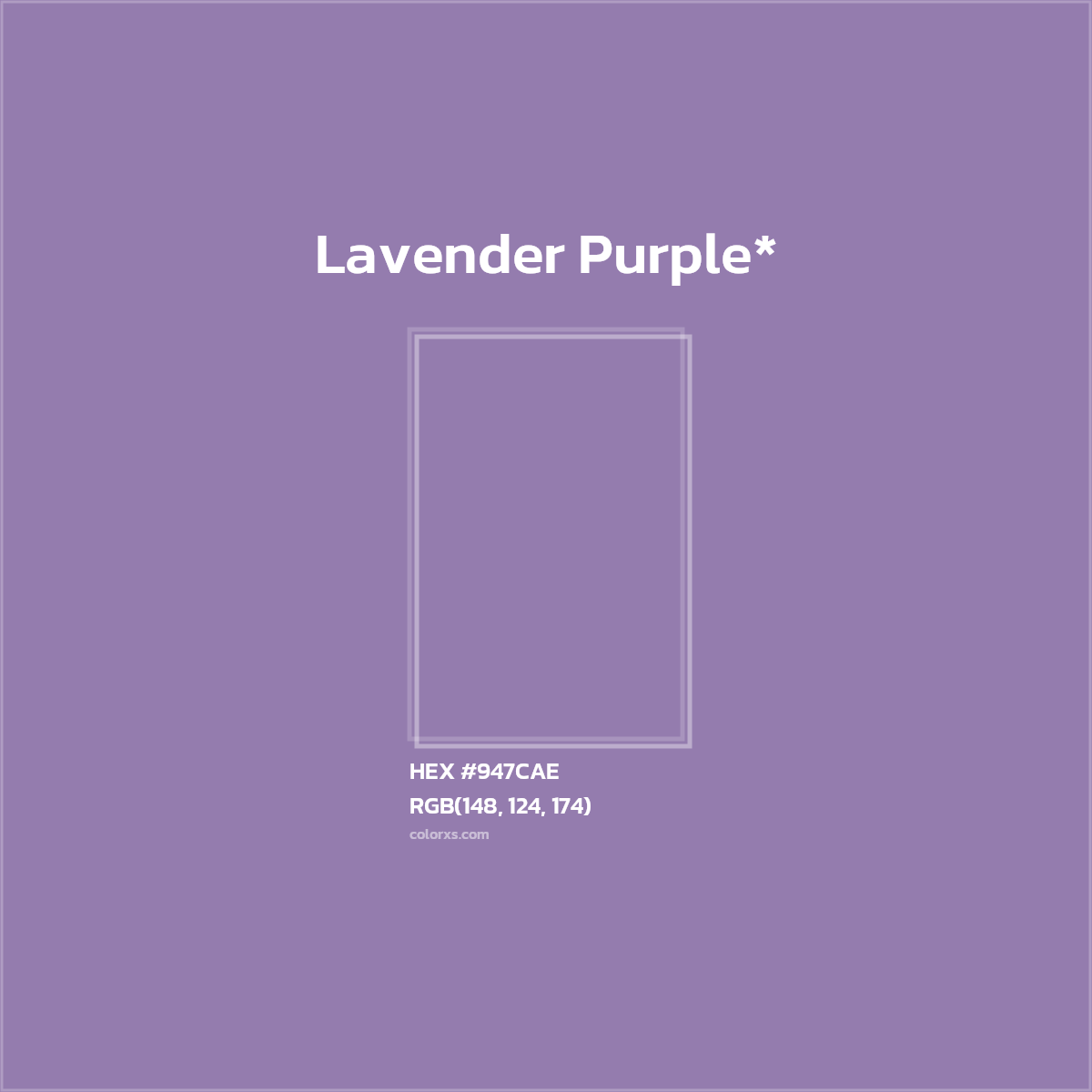 #947CAE hex color. RGB, RYB, CMYK, HSL, HSV codes and color conversions. Matching color names, palettes, paints.