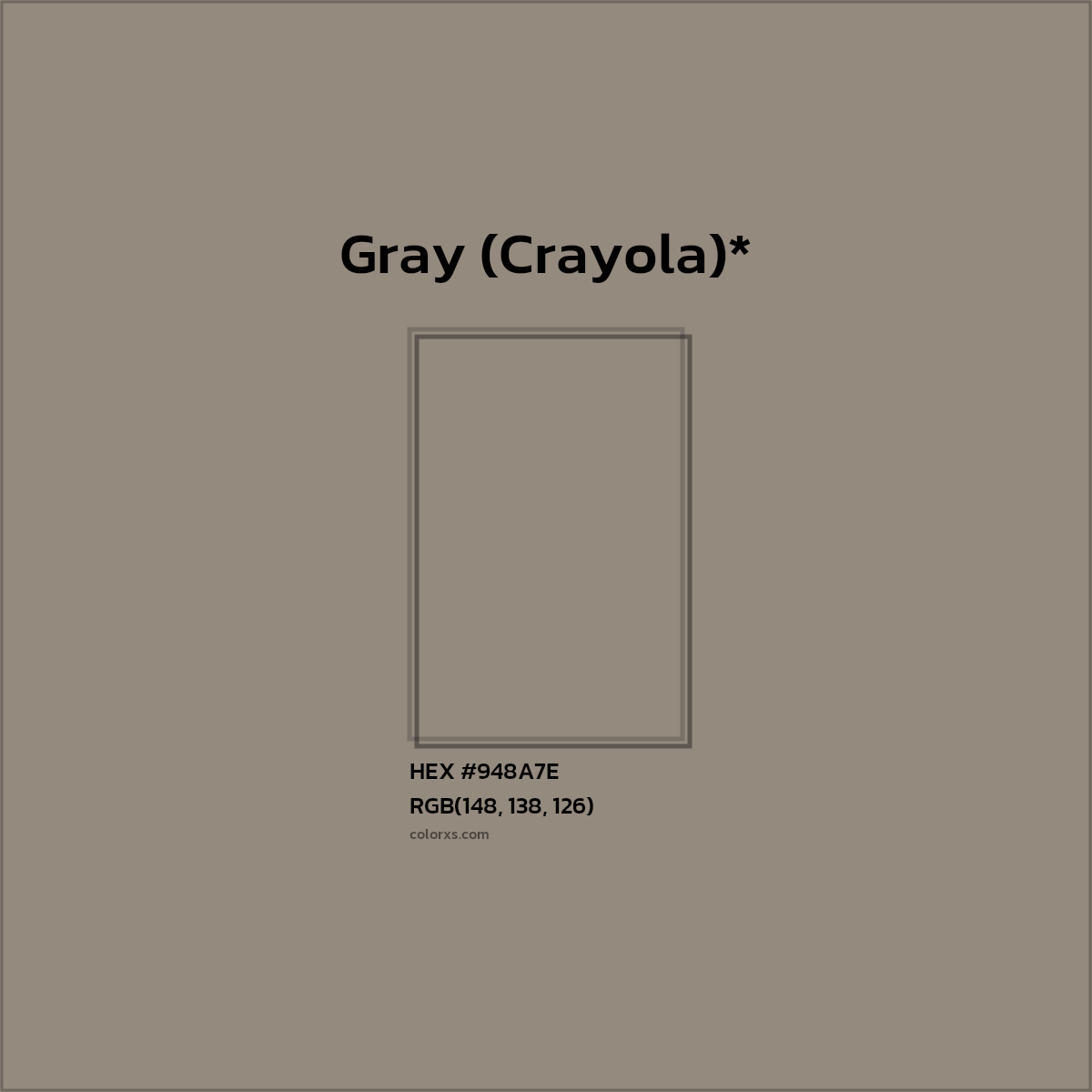 #948A7E hex color. RGB, RYB, CMYK, HSL, HSV codes and color conversions. Matching color names, palettes, paints.