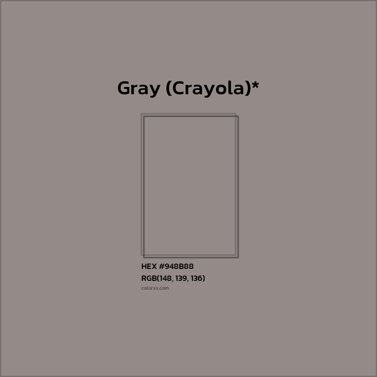#948B88 hex color. RGB, RYB, CMYK, HSL, HSV codes and color conversions. Matching color names, palettes, paints.