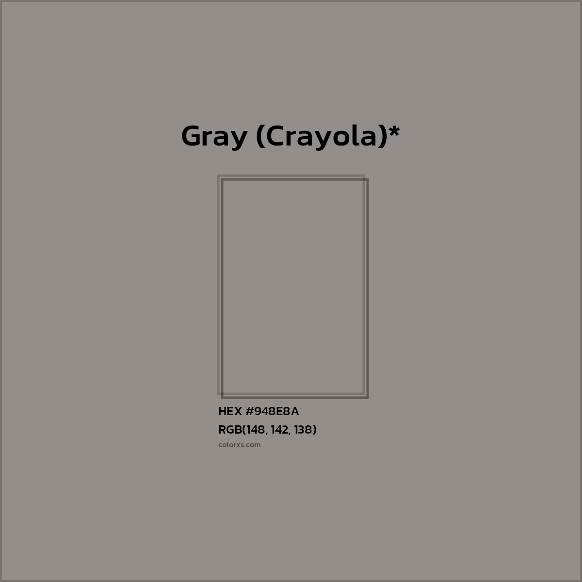 #948E8A hex color. RGB, RYB, CMYK, HSL, HSV codes and color conversions. Matching color names, palettes, paints.