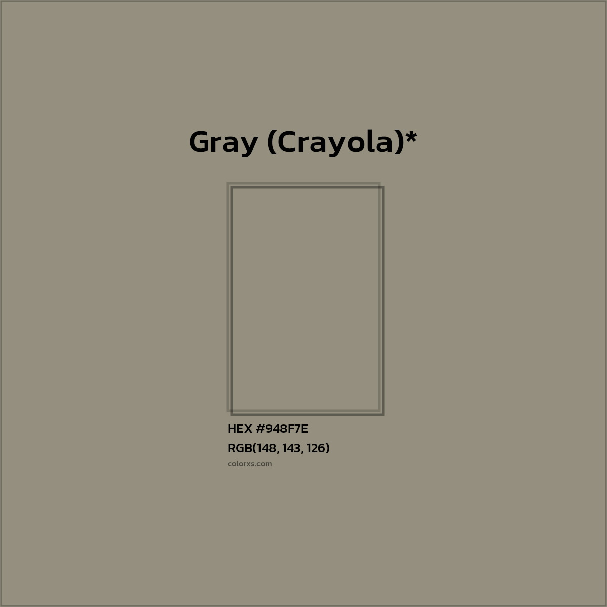 #948F7E hex color. RGB, RYB, CMYK, HSL, HSV codes and color conversions. Matching color names, palettes, paints.